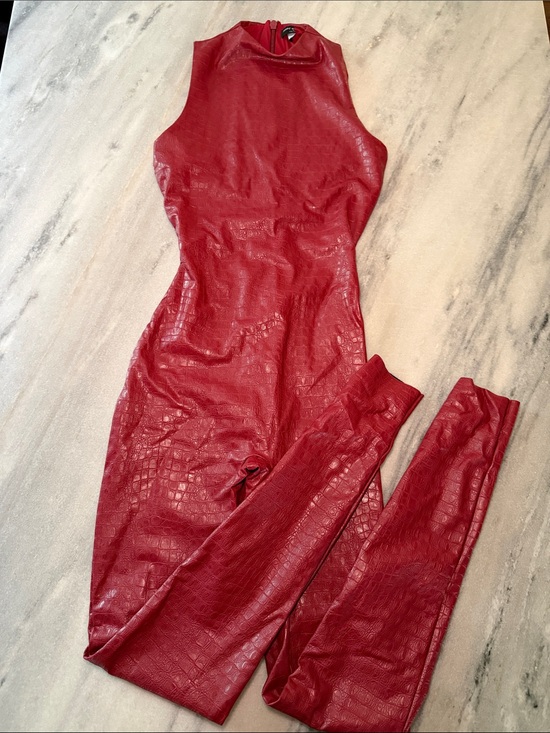 naked wardrobe Pants - naked wardrobe Red Faux Croc Sleeveless Jumpsuit